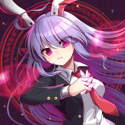 Rule 34 | 1girl, animal ears, arm up, between fingers, black background, blazer, breasts, bullet, chromatic aberration, commentary request, eyes visible through hair, frown, hair between eyes, head tilt, highres, holding, jacket, kozakura (dictionary), leaning back, light particles, light purple hair, long hair, long sleeves, looking at viewer, magic circle, medium breasts, necktie, open clothes, open jacket, rabbit ears, red eyes, red necktie, reisen udongein inaba, shirt, solo, touhou, tsurime, upper body, very long hair, white shirt, wing collar