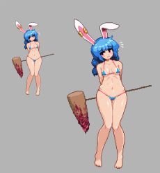 Rule 34 | 1girl, :/, ambiguous red liquid, animal ears, arms behind back, bad id, bad twitter id, bare legs, bare shoulders, barefoot, bikini, blue bikini, blue hair, blush, breasts, closed mouth, earclip, embarrassed, flying sweatdrops, frown, full body, grey background, groin, head tilt, hip bones, kine, knees together feet apart, long hair, looking at viewer, mallet, micro bikini, multiple views, namako daibakuhatsu, navel, pixel art, rabbit ears, red eyes, seiran (touhou), simple background, small breasts, standing, stomach, swimsuit, thigh gap, touhou, wavy mouth, wide hips