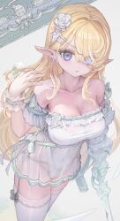 Rule 34 | 1girl, bare shoulders, bead bracelet, beads, blonde hair, blue eyes, bracelet, breasts, cleavage, closed mouth, collarbone, earrings, elf, eyes visible through hair, flower, garter straps, gauntlets, grey background, hair flower, hair ornament, hair over one eye, highres, holding, holding sword, holding weapon, jewelry, large breasts, leotard, long hair, looking at viewer, multiple rings, original, pointy ears, ring, see-through, see-through skirt, simple background, single wrist cuff, skirt, sword, thighhighs, voruvoru, weapon, white flower, white leotard, white thighhighs, wrist cuffs
