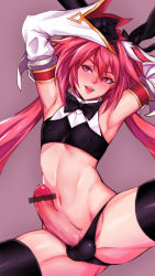 Rule 34 | 1boy, aino chuan daoshi, armpits, arms up, astolfo (fate), astolfo (saber) (fate), bar censor, black gloves, black panties, black thighhighs, blush, bow, bowtie, censored, covered erect nipples, crop top, detached sleeves, erection, fate/grand order, fate (series), gloves, groin, hair between eyes, highres, lips, long hair, male focus, navel, open mouth, panties, penis, penis in panties, pink hair, precum, purple eyes, simple background, solo, spread legs, thighhighs, trap, underwear