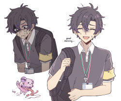 Rule 34 | 1boy, armband, backpack, bag, black bag, black eyes, black hair, black shirt, closed eyes, commentary request, crying, crying with eyes open, english text, froggy egg (maimaimaigoen), good morning, highres, lanyard, maimaimaigoen, male focus, nervous sweating, open mouth, pastea, shirt, short hair, simple background, smile, sweat, tears, teeth, turn pale, upper body, upper teeth only, whistle, whistle around neck, white background, yellow armband