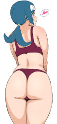 Rule 34 | 1girl, ass, bad id, bad pixiv id, blue eyes, blue hair, blush, bra, commentary request, cowboy shot, creatures (company), game freak, heart, highres, lana&#039;s mother (pokemon), long hair, looking at viewer, looking back, mhs, mature female, nintendo, panties, pokemon, pokemon (anime), pokemon sm (anime), ponytail, simple background, sketch, solo, spoken heart, thong, underwear, underwear only, white background