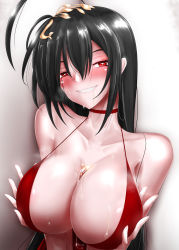 Rule 34 | 1girl, absurdres, ahoge, alternate costume, azur lane, bare shoulders, black hair, blush, breast lift, breasts, breath, choker, cleavage, collarbone, commentary, dress, hair between eyes, hair ornament, head tilt, heart, heart-shaped pupils, highres, huge breasts, jewelry, large breasts, long hair, looking at viewer, ornate ring, p ion, parted lips, red dress, red eyes, ring, saliva, shiny skin, sidelocks, signature, smile, solo, symbol-shaped pupils, taihou (azur lane), taihou (forbidden feast) (azur lane), upper body, very long hair, wedding ring