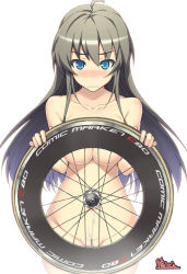 Rule 34 | 1girl, ahoge, blue eyes, blush, breasts, censored, convenient censoring, embarrassed, long hair, looking at viewer, nude, original, shima udon, silver hair, simple background, solo, wavy mouth, wheel, white background