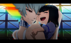 Rule 34 | 10s, 2girls, 71, :d, ^ ^, black hair, eyebrows, closed eyes, family, happy, hug, kill la kill, kiryuuin ragyou, kiryuuin satsuki, mother and daughter, multicolored hair, multiple girls, open mouth, rainbow hair, red eyes, smile, aged down