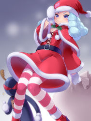 Rule 34 | 10s, 1girl, bad id, bad pixiv id, blue eyes, blue hair, blush, breasts, capelet, christmas, gloves, happinesscharge precure!, hat, hosshiwa, looking at viewer, mogiki hayami, pantyhose, precure, sack, santa costume, santa hat, small breasts, smile, striped clothes, striped pantyhose, white gloves