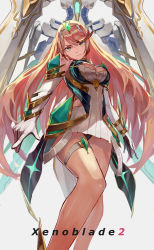 Rule 34 | 1girl, bare shoulders, blonde hair, blush, breasts, cleavage, dress, earrings, elbow gloves, expressionless, gem, gloves, headpiece, highres, jewelry, large breasts, long hair, looking at viewer, mythra (xenoblade), nintendo, solo, swept bangs, thigh strap, tiara, very long hair, vic (vedream), xenoblade chronicles (series), xenoblade chronicles 2, yellow eyes