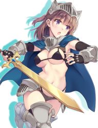 Rule 34 | 1girl, :o, armor, armored boots, armpits, bikini, bikini armor, black bikini, black gloves, black thighhighs, blue cape, boots, breasts, brown hair, cape, cleavage, colored shadow, commentary request, cowboy shot, drop shadow, elbow gloves, faulds, fingerless gloves, gauntlets, gloves, hair between eyes, half updo, helmet, highleg, highleg bikini, holding, holding sword, holding weapon, itoichi., layered bikini, long hair, medium breasts, navel, open mouth, original, purple eyes, shadow, sidelocks, solo, standing, standing on one leg, stomach, swimsuit, sword, thighhighs, underboob, visor (armor), weapon, white background