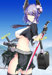 Rule 34 | 10s, 1girl, bad id, bad pixiv id, belt, bike999, black thighhighs, breasts, eyepatch, kantai collection, purple hair, sheath, short hair, solo, studded belt, sword, tenryuu (kancolle), thighhighs, torn clothes, underboob, weapon, yellow eyes