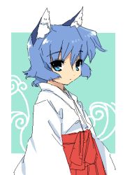 Rule 34 | 1girl, animal ears, blue eyes, blue hair, japanese clothes, matching hair/eyes, miko, oekaki, short hair, solo, tonbi