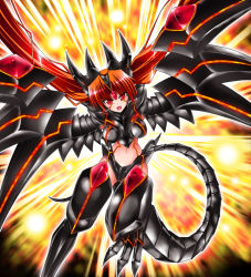 Rule 34 | 1girl, :d, armor, breastplate, breasts, bunji, commentary, dragon, dragon girl, dragon tail, dragon wings, duel monster, flying, long hair, looking at viewer, mecha musume, mechanical wings, monster girl, open mouth, orange hair, personification, red-eyes darkness metal dragon, red eyes, smile, solo, tail, v-shaped eyebrows, very long hair, wings, wyvern, yu-gi-oh!