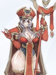 Rule 34 | 1girl, armor, breasts, cape, carcass (artist), cleavage, cross, cross necklace, elbow gloves, gem, gloves, grey hair, grin, hair between eyes, half-closed eyes, hat, heroes of the storm, highres, holding, holding staff, jewelry, long hair, necklace, pauldrons, red cape, red gloves, red hat, red thighhighs, sally whitemane, scratches, shoulder armor, sketch, smile, solo, staff, teeth, thick thighs, thighhighs, thighs, warcraft, world of warcraft, yellow eyes