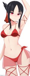 Rule 34 | 1girl, absurdres, arm at side, arm ribbon, arm up, armpits, bikini, black hair, blush, breasts, breasts apart, closed mouth, collarbone, commentary, cowboy shot, curvy, embarrassed, english commentary, eyelashes, folded ponytail, frown, gluteal fold, hair ribbon, halterneck, highres, kaguya-sama wa kokurasetai ~tensai-tachi no renai zunousen~, leg ribbon, looking at viewer, medium breasts, midriff, navel, paid reward available, parted bangs, red bikini, red eyes, red ribbon, ribbon, roswell ss, shinomiya kaguya, short hair with long locks, side-tie bikini bottom, sidelocks, simple background, skindentation, solo, standing, stomach, swimsuit, thigh ribbon, thighs, twitter username, white background