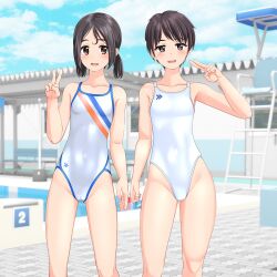 Rule 34 | 2girls, absurdres, black hair, blue sky, breasts, brown eyes, cameltoe, cloud, collarbone, commentary request, competition swimsuit, covered navel, day, feet out of frame, highres, lifeguard chair, logo, looking at viewer, low twintails, multicolored clothes, multicolored swimsuit, multiple girls, one-piece swimsuit, original, outdoors, pool, poolside, short hair, sky, small breasts, starting block, swimsuit, takafumi, twintails, v, white one-piece swimsuit