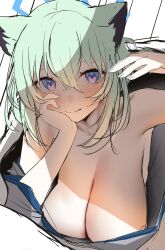 Rule 34 | 1girl, animal ears, arm up, armpits, bare shoulders, blue archive, blush, breasts, cat ears, cleavage, commentary, crossed bangs, fingernails, green hair, hair between eyes, head rest, highres, large breasts, long fingernails, long hair, looking at viewer, nidaime (doronbo), purple eyes, shigure (blue archive), shigure (hot spring) (blue archive), sketch, solo, symbol-only commentary, white background