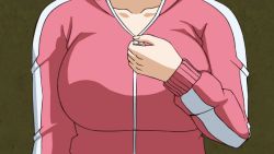 Rule 34 | 1girl, alternate breast size, android 18, animated, animated gif, breasts, cleavage, dragon ball, dragonball z, head out of frame, huge breasts, jacket, large breasts, open clothes, open jacket, pinkpawg, unzipping, zipper