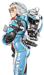 Rule 34 | 1girl, animification, apex legends, armor, backpack, bag, blonde hair, blue bodysuit, blue eyes, bodysuit, crossed arms, facial scar, from side, goggles, goggles on headwear, helmet, lichtenberg figure, looking at viewer, power armor, scar, scar on cheek, scar on face, science fiction, smile, solo, wattson (apex legends), white background, white headwear, wired for speed wattson, yuta agc
