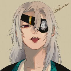 Rule 34 | 1boy, :p, brown background, crystal, eyepatch, grey hair, hair between eyes, hair down, half-closed eyes, highres, japanese clothes, kimetsu no yaiba, kimono, looking at viewer, lowce oniku, male focus, medium hair, messy hair, official alternate costume, one eye covered, open mouth, portrait, red eyes, simple background, solo, spoilers, tongue, tongue out, twitter username, uzui tengen