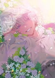 Rule 34 | 1boy, absurdres, blouse, blush, commentary, flower, green hair, grin, highres, lio fotia, long sleeves, looking at viewer, lying, male focus, on back, petals, promare, purple eyes, shirt, smile, solo, trap, upper body, veil, white flower, white shirt, white veil, yagita (astronomie)