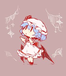 Rule 34 | 1girl, adapted costume, arms up, ascot, back bow, bat wings, black wings, blue hair, bow, chibi, dress, frilled dress, frilled sleeves, frills, from side, full body, hat, highres, limited palette, medium hair, mob cap, no fingers, open mouth, pink background, pink dress, pink hat, puffy short sleeves, puffy sleeves, red bow, remilia scarlet, ribbon-trimmed headwear, ribbon trim, short sleeves, simple background, solid oval eyes, solo, touhou, wings, yamasina009