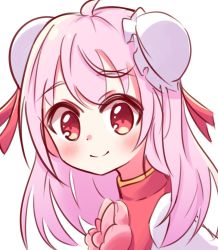 Rule 34 | 1girl, ahoge, closed mouth, double bun, flower, hair bun, ibaraki kasen, karuthi, looking at viewer, pink flower, pink hair, pink rose, red eyes, rose, simple background, smile, solo, touhou, upper body, white background