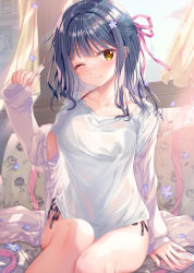 Rule 34 | 1girl, ;), ;q, blue hair, book, bra strap, collarbone, commentary request, couch, curtains, day, flower, hair flower, hair ornament, hanahanamaki, hand up, highres, holding, indoors, jacket, long hair, long sleeves, looking at viewer, mixed-language commentary, off shoulder, on couch, one eye closed, original, panties, petals, purple flower, purple jacket, red ribbon, ribbon, shirt, side-tie panties, sitting, sleeves past wrists, smile, solo, tongue, tongue out, underwear, white shirt, window, yellow eyes