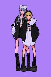 Rule 34 | 2girls, absurdres, bare legs, black footwear, black jacket, boots, bright pupils, brown eyes, brown hair, choker, dress, earrings, full body, grey hair, hand in pocket, hat, highres, jacket, jewelry, long hair, long sleeves, looking at viewer, midriff, miyoshi yoshimi, multiple girls, necklace, original, purple background, purple eyes, shadow, short hair, signature, simple background, standing, tongue, tongue out, v, white dress, white pupils