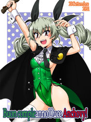 Rule 34 | 1girl, anchovy (girls und panzer), blush, breasts, brown eyes, cape, covered navel, dated, drill hair, girls und panzer, green hair, green leotard, hair ornament, hair ribbon, leotard, long hair, looking at viewer, oosaka kanagawa, open mouth, playboy bunny, ribbon, sideboob, small breasts, smile, solo, thighhighs, twin drills, twintails, white thighhighs