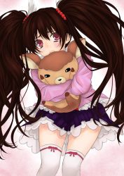 Rule 34 | 1boy, androgynous, artist request, blush, brown hair, embarrassed, holding, holding stuffed toy, long hair, looking at viewer, miniskirt, pink eyes, shiny clothes, shiny skin, simple background, skirt, solo, stuffed animal, stuffed toy, taimanin (series), taimanin rpgx, trap, twintails, uehara shikanosuke, upper body, white legwear