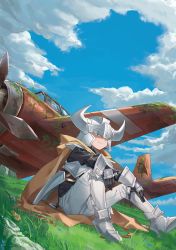 Rule 34 | 1girl, absurdres, aircraft, airplane, armor, armored boots, bad id, bad pixiv id, black gloves, black shirt, blue eyes, blue sky, boots, breastplate, cape, cloud, cloudy sky, day, eyes visible through headwear, fake horns, faulds, flower, gauntlets, gloves, grass, grey pants, helmet, high heel boots, high heels, highres, horned helmet, looking afar, moss, on ground, original, outdoors, overgrown, pants, pauldrons, rock, shichigatsu, shirt, shoulder armor, sitting, sky, smile, solo, wreckage, yellow cape