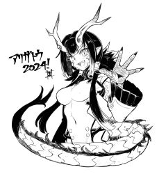 1girl 2024 :d armpits breasts covered_navel dragon_girl dragon_horns dragon_tail fang hair_intakes hair_over_shoulder highres horns kuroi_susumu long_hair looking_at_viewer medium_breasts monochrome open_mouth original pointy_ears signature simple_background smile solo tail white_background