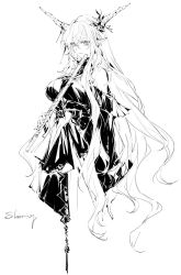 Rule 34 | 1girl, absurdres, ambience synesthesia, arknights, black dress, chuzenji, dress, flute, greyscale, highres, horn ornament, horns, instrument, long hair, monochrome, official alternate costume, pointy ears, shining (arknights), sketch, white background