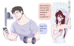 Rule 34 | 1boy, 1girl, alternate costume, breasts, cleavage, collarbone, dumbbell, english text, garen (league of legends), grey shirt, hair between eyes, highres, holding, holding phone, katarina (league of legends), league of legends, medium breasts, naked towel, phone, red hair, scar, scar across eye, shinaa (maddynshinaa), shirt, speech bubble, towel, training, upper body