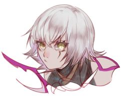 Rule 34 | 1girl, bad id, bad pixiv id, bare shoulders, csyday, fate/apocrypha, fate (series), green eyes, jack the ripper (fate/apocrypha), scar, scar across eye, scar on face, short hair, shoulder tattoo, slit pupils, solo, tattoo, white hair