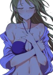 Rule 34 | 10s, 1girl, ayase eli, bare shoulders, bikini, bikini top only, blonde hair, blush, breasts, clearite, cleavage, closed eyes, hair down, hand on own chest, highres, hood, hoodie, large breasts, long hair, love live!, love live! school idol project, off shoulder, open clothes, open hoodie, shiny skin, smile, solo, swimsuit, tears