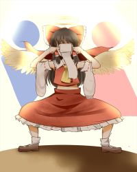 Rule 34 | 1girl, angel wings, ascot, bobby socks, bow, brown hair, covered face, detached sleeves, hair bow, hair tubes, hakurei reimu, halo, highres, indo (mdtanaka2007), long hair, long skirt, mary janes, midriff, navel, shoes, skirt, socks, solo, spread legs, squatting, surreal, toilet paper, touhou, what, wings