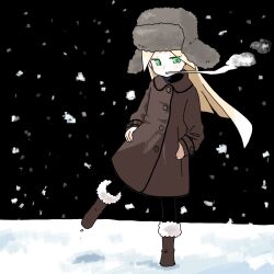 Rule 34 | 1girl, black background, black pantyhose, blonde hair, blush, boots, breath, brown coat, brown footwear, coat, commentary, full body, fur-trimmed boots, fur hat, fur trim, green eyes, grey hat, hands on own hips, hat, hyon (hyon noyh), long hair, long sleeves, original, pantyhose, parted bangs, simple background, snow, snowing, solo, standing, standing on one leg, symbol-only commentary, very long hair
