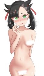 Rule 34 | 1girl, @ @, absurdres, arm behind back, asymmetrical bangs, black hair, blank censor, blush, breasts, censored, collarbone, completely nude, cowboy shot, creatures (company), game freak, green eyes, hair ribbon, highres, maho (corotonton5150), marnie (pokemon), navel, nervous smile, nintendo, nude, pokemon, pokemon swsh, ribbon, shy, simple background, small breasts, smile, solo, stomach, twintails, undercut, white background