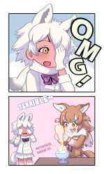 Rule 34 | 2girls, :d, :o, animal ears, bow, bowtie, brown eyes, brown hair, comic, commentary request, covering own eyes, d:, dated, empty eyes, english text, extra ears, fang, food, fur collar, gloves, highres, italian wolf (kemono friends), japanese wolf (kemono friends), kemono friends, long hair, mayonnaise, multicolored hair, multiple girls, open mouth, photo-referenced, pink neckwear, pink skirt, plaid, plaid neckwear, plaid skirt, pleated skirt, purple neckwear, roonhee, scarf, shaved ice, short hair, skirt, smile, tail, tundra wolf (kemono friends), white gloves, white hair, white scarf, white skirt, wolf ears, wolf tail