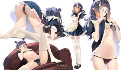 Rule 34 | 1girl, all fours, black bra, black panties, bra, cameltoe, closed mouth, commentary, english commentary, feet, glasses, hololive, hololive english, legs, long hair, looking at viewer, multiple views, ninomae ina&#039;nis, panties, pointy ears, purple hair, round eyewear, standing, sydus, thighhighs, underwear, virtual youtuber, white thighhighs