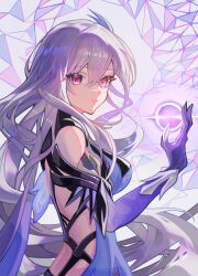Rule 34 | 1girl, absurdres, back fin, bare shoulders, breasts, butterfly hair ornament, closed mouth, detached sleeves, expressionless, genshin impact, gradient gloves, gradient sleeves, grey hair, hair between eyes, hair ornament, highres, long hair, looking at viewer, medium breasts, osushi tabetarou, pink eyes, purple sleeves, skirk (genshin impact), solo, upper body, very long hair