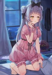 Rule 34 | 1girl, alternate costume, bedroom, bloomers, blush, bow, double bun, embarrassed, full body, grey hair, hair bow, hair bun, twirling hair, highres, hololive, indoors, kneeling, long hair, miakiuehashi, murasaki shion, no shoes, on bed, pajamas, pink bloomers, sideways glance, socks, solo, two side up, underwear, virtual youtuber, white socks, wrist cuffs, yellow eyes