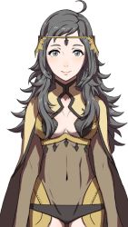 Rule 34 | 1girl, ahoge, breasts, circlet, cleavage, covered navel, fire emblem, fire emblem fates, grey eyes, grey hair, nintendo, official art, ophelia (fire emblem), simple background, smile, solo, upper body