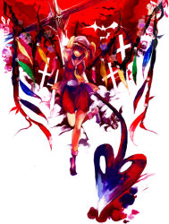 Rule 34 | 1girl, arm up, arms behind back, bat (animal), blonde hair, female focus, flandre scarlet, flower, grave, hat, laevatein, mob cap, no shoes, partially colored, rose, short hair, socks, solo, standing, standing on one leg, toriko (hatoriko), touhou, wings