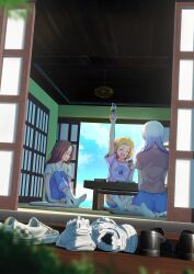 Rule 34 | 3girls, absurdres, ahoge, arm up, ass, black footwear, blonde hair, blue pants, blue sky, blurry, blurry foreground, brown hair, closed eyes, cloud, cloudy sky, collared shirt, depth of field, feet, from behind, ghhoward, grey hair, highres, indoors, knees up, loafers, long hair, multiple girls, no shoes, open mouth, original, pants, parted bangs, purple shirt, school uniform, scrabble (game), seiza, shadow, shirt, shoes, unworn shoes, short sleeves, sitting, sky, sneakers, socks, soles, t-shirt, toes, uno (game), vest, white footwear, white socks