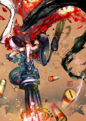 Rule 34 | 10s, 1girl, black hair, blade &amp; soul, blurry, casing ejection, depth of field, eyepatch, firing, gatling gun, gloves, green eyes, gun, highres, long hair, multicolored hair, muzzle flash, paparaya, parted lips, pohwaran, shell casing, signature, smile, smoke, solo, split-color hair, twintails, two-tone hair, very long hair, weapon, white hair