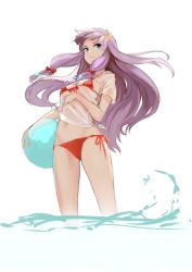 Rule 34 | 1girl, ball, beachball, bikini, blue bow, blue eyes, bow, breasts, crescent, crescent hair ornament, floating hair, front-tie top, hair bow, hair ornament, large breasts, long hair, lumo 1121, micro bikini, patchouli knowledge, purple hair, red bikini, red bow, see-through, shirt, side-tie bikini bottom, sidelocks, simple background, smile, solo, standing, swimsuit, tied shirt, touhou, underboob, wading, water, white background, white shirt