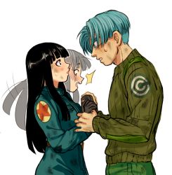 Rule 34 | 10s, 1boy, 1girl, :o, black eyes, black hair, blue eyes, blue hair, blush, capsule corp, coat, couple, dirty, dirty clothes, dirty face, dragon ball, dragon ball super, embarrassed, expressionless, eye contact, gloves, green shirt, hetero, holding hands, long hair, long sleeves, looking at another, mai (dragon ball), mai (future) (dragon ball), pants, shirt, short hair, standing, surprised, sweat, sweatdrop, transparent background, trunks (dragon ball), trunks (future) (dragon ball)