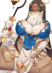 Rule 34 | 1girl, black hair, breasts, dark-skinned female, dark skin, fate/grand order, fate (series), green eyes, jewelry, large breasts, long hair, looking at viewer, mask, mouth veil, osiimi, pussy, raised eyebrows, scheherazade (fate), see-through, simple background, solo, spread legs, staff, thick thighs, thighs, veil, very long hair, white background