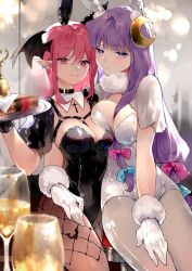 Rule 34 | 2girls, alcohol, black corset, black vs white, blue bow, bow, braid, breasts, bunny day, champagne, cleavage, corset, female focus, glass, hair bow, highres, koakuma, leotard, looking at viewer, matching hair/eyes, medium breasts, multiple girls, patchouli knowledge, pink bow, pink eyes, pink hair, playboy bunny, purple eyes, purple hair, risui (suzu rks), thighs, touhou, twin braids, white corset